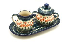 Polish Pottery Cream &amp; Sugar Set - Peach Spring Daisy