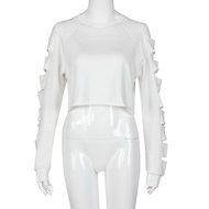 AIMTOPPY Fashion Women Long Sleeve Hollow Hole Short Sweater Shirt Casual Blouse Tops (L, White) N2