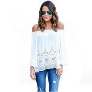 AIMTOPPY Women Sexy Strapless Loose Nine Points Sleeve Embroidered T-shirt (M, white)