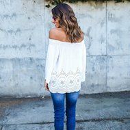 AIMTOPPY Women Sexy Strapless Loose Nine Points Sleeve Embroidered T-shirt (M, white) N3