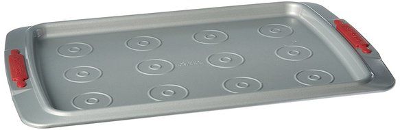 Cake Boss Deluxe Nonstick Bakeware 10-Inch by 15-Inch Cookie Pan with Drop Zones, Gray with Red Silicone Grips