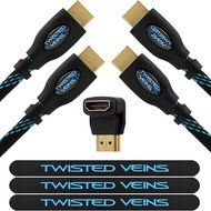 Twisted Veins Two (2) Pack of (25 ft) High Speed HDMI Cables + Right Angle Adapter and Velcro Cable Ties (Latest... N8