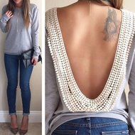 AIMTOPPY Fashion Womens Backless Long Sleeve Shirt Casual Blouse Tops (L, White) N2