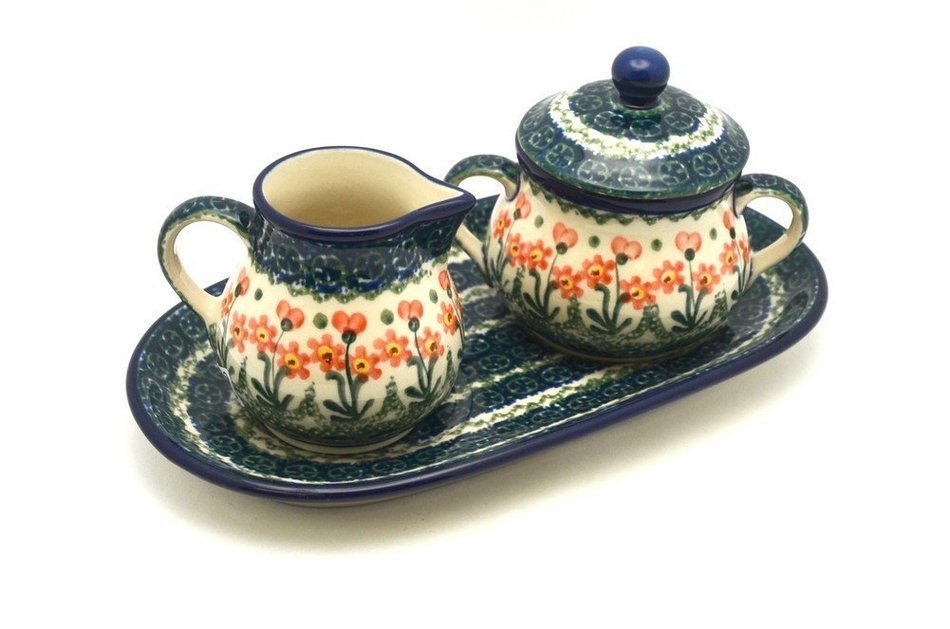 Polish Pottery Cream & Sugar Set - Peach Spring Daisy