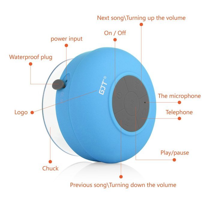GJT Wireless Bluetooth Waterproof Portable Shower Speaker 3.0 with Built-in Mic and Suction Cup - Blue N3
