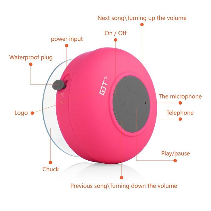 GJT Wireless Bluetooth Waterproof Portable Shower Speaker 3.0 with Built-in Mic and Suction Cup - Blue N38