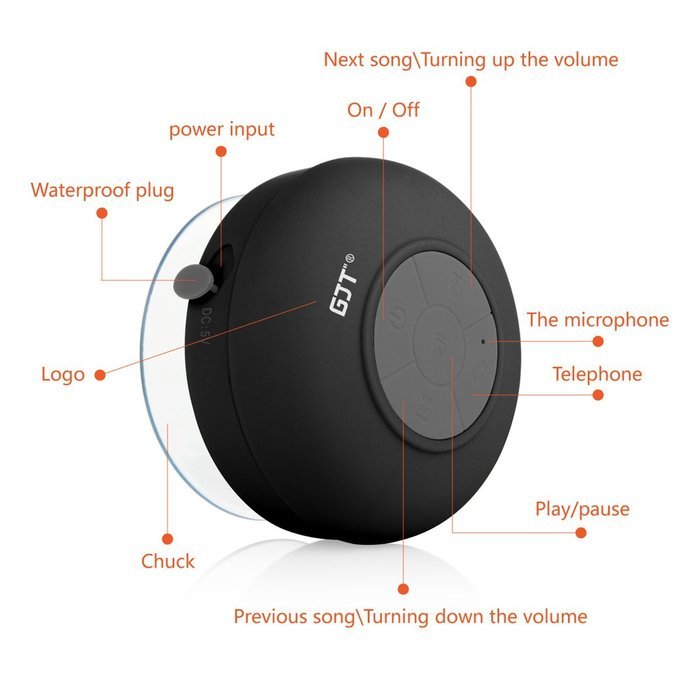 GJT Wireless Bluetooth Waterproof Portable Shower Speaker 3.0 with Built-in Mic and Suction Cup - Blue N49