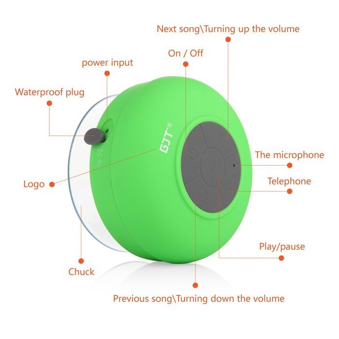 GJT Wireless Bluetooth Waterproof Portable Shower Speaker 3.0 with Built-in Mic and Suction Cup - Blue N56