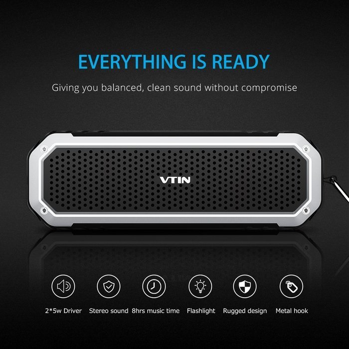 Vtin Rocker 10W Drivers Bluetooth 4.0 Waterproof Speaker with Bass, Flash light and Mic N3