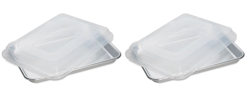 Nordic Ware Set of 2 Natural Aluminum Baker's Quarter Sheets With Lids. Each pan is 11.35 Inches Long by 8 Inches...