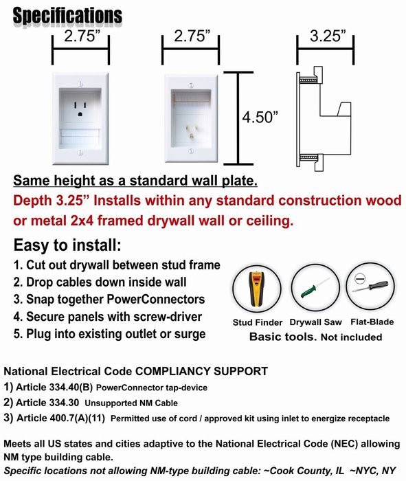 PowerBridge TWO-CK Dual Outlet Recessed In-Wall Cable Management System with PowerConnect for Wall-Mounted Flat... N16