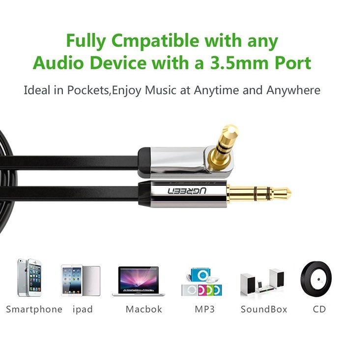 Ugreen 3.5mm Auxiliary Audio Flat Cable 90 Degree Right Angle Compatible for iPhone, iPad or Smartphones, Tablets... N6