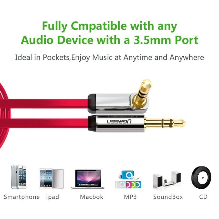 Ugreen 3.5mm Auxiliary Audio Flat Cable 90 Degree Right Angle Compatible for iPhone, iPad or Smartphones, Tablets... N14