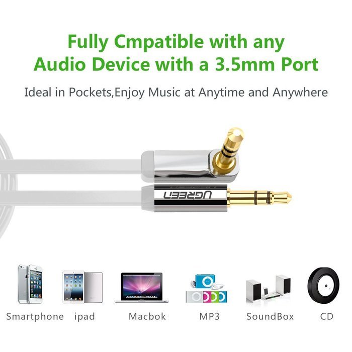 Ugreen 3.5mm Auxiliary Audio Flat Cable 90 Degree Right Angle Compatible for iPhone, iPad or Smartphones, Tablets... N23