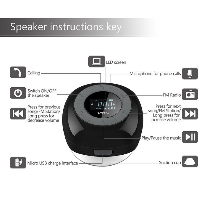 Vtin Relaxer Bluetooth Speaker with FM Radio, Mini Water Resistant Shower Speaker with Bluetooth 4.0, LCD Display... N3