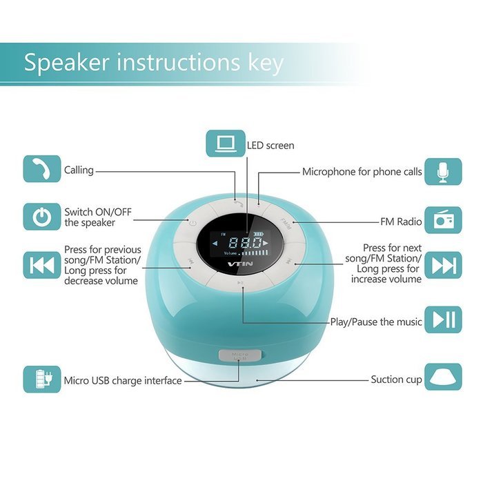 Vtin Relaxer Bluetooth Speaker with FM Radio, Mini Water Resistant Shower Speaker with Bluetooth 4.0, LCD Display... N9