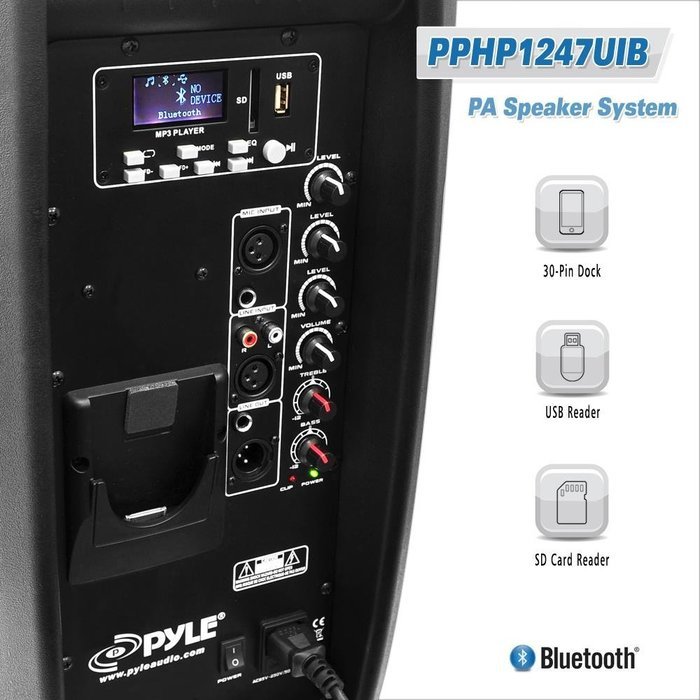 Pyle PPHP1247UIB Bluetooth 1200 Watt 12'' PA Speaker System, 2-Way Full Range, Class-D, Built-in 30 Pin iPod Dock...