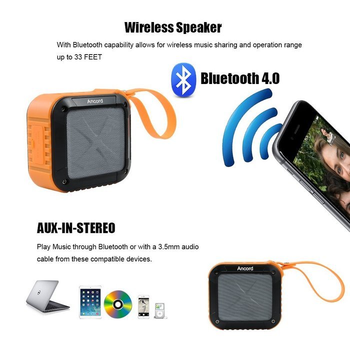 Ancord Portable Outdoor Bluetooth Speaker with FM Radio - Waterproof & Rechargeable N2