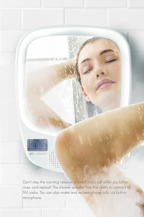 ART+SOUND AR6001WH Bluetooth Wireless Shower Speaker With Fogless Mirror, Built in Radio (FM/AM) N5