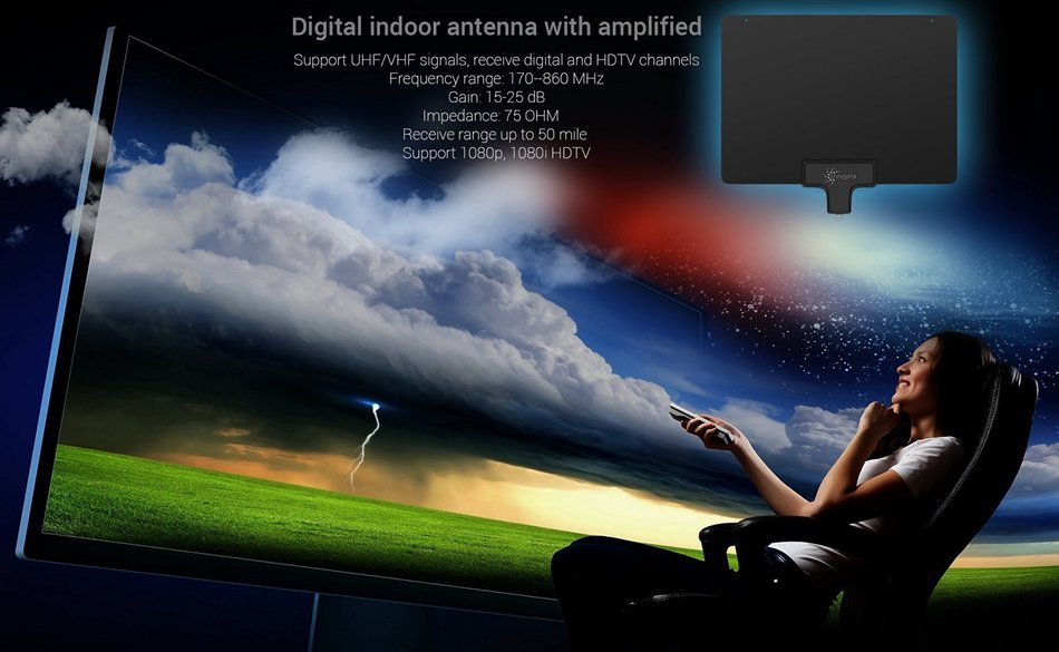 EnergyPal AN51 Amplified Indoor HDTV Antenna 50 Mile Range With Power Supply and 10ft Coax Cable N6