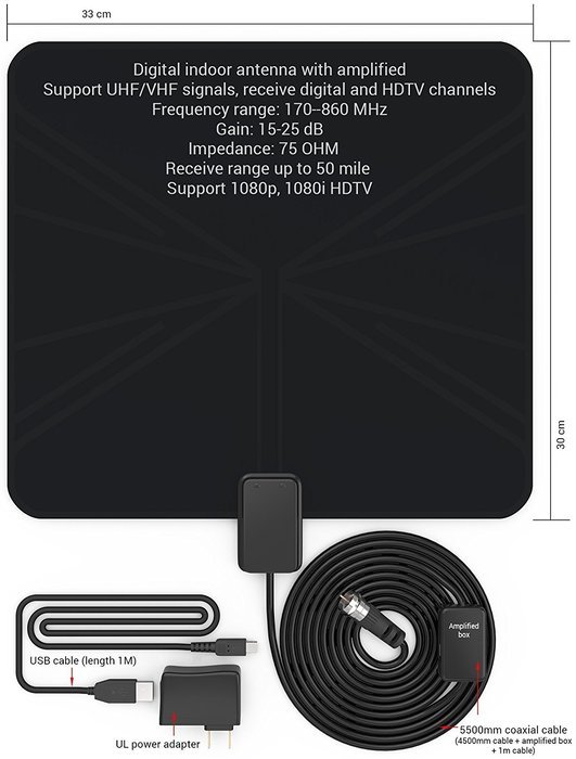 EnergyPal AN51 Amplified Indoor HDTV Antenna 50 Mile Range With Power Supply and 10ft Coax Cable N10