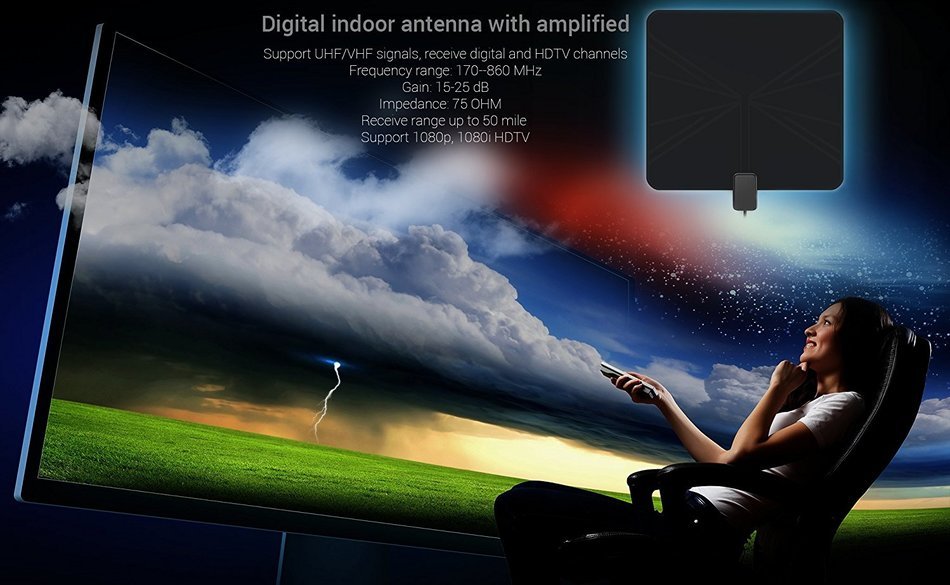 EnergyPal AN51 Amplified Indoor HDTV Antenna 50 Mile Range With Power Supply and 10ft Coax Cable N12
