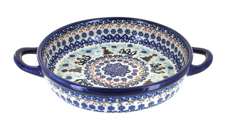 Polish Pottery Artic Holidays Small Round Baker with Handles