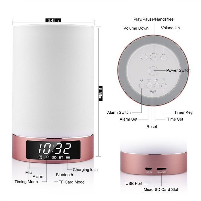 LEDMO LED Bluetooth Speakers with Touch Lamp, Music Player, Hands-free, Alarm Clock and Changing Colored LED Lights N5