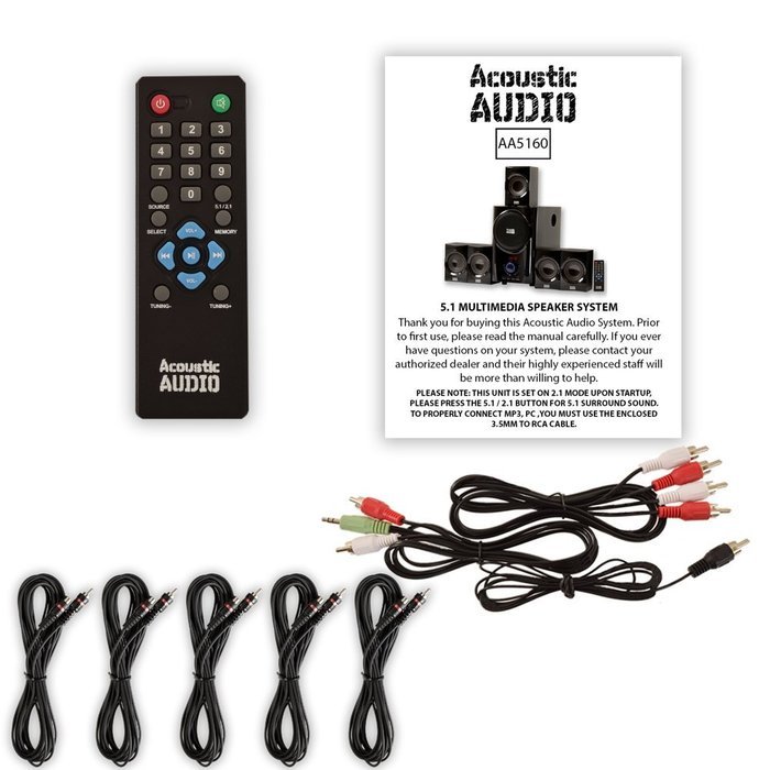 Acoustic Audio AA5160 Home Theater 5.1 Speaker System with FM Tuner and 5 Extension Cables N2