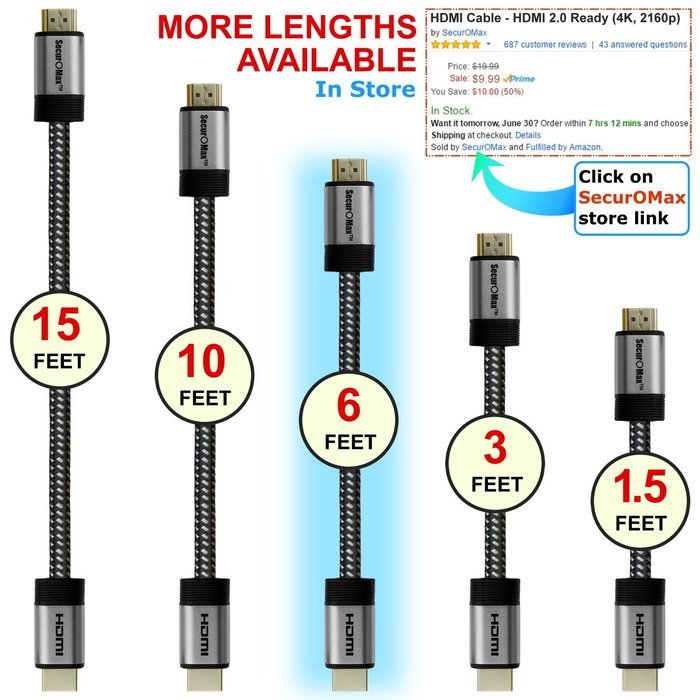 HDMI Cable 6ft - HDMI 2.0 (4K) Ready - 28AWG Braided Cord - High Speed 18Gbps - Gold Plated Connectors - Ethernet... N7