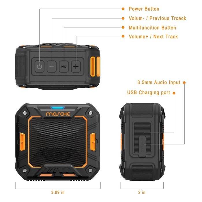 Bluetooth Speakers, Mosche Portable Waterproof Bluetooth Speaker 5W for Shower and Outdoor (Black/Orange） N3
