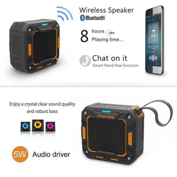Bluetooth Speakers, Mosche Portable Waterproof Bluetooth Speaker 5W for Shower and Outdoor (Black/Orange） N4