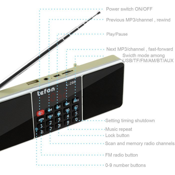 LEFON Multifunctional Bluetooth Dual Channel Digital AM / FM Radio Media Speaker MP3 Music Player Support TF Card... N2