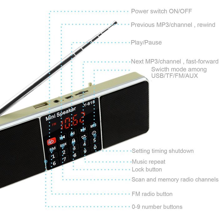 LEFON Multifunctional Bluetooth Dual Channel Digital AM / FM Radio Media Speaker MP3 Music Player Support TF Card... N45