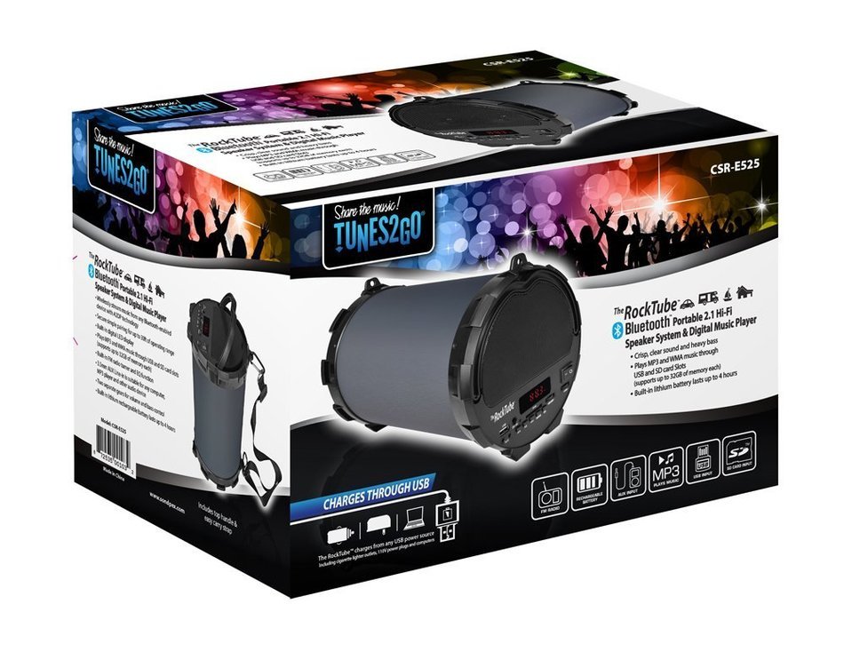TUNES2GO CSR-E525 ROCKTube Bluetooth Portable Sound System with Built-In Subwoofers N4