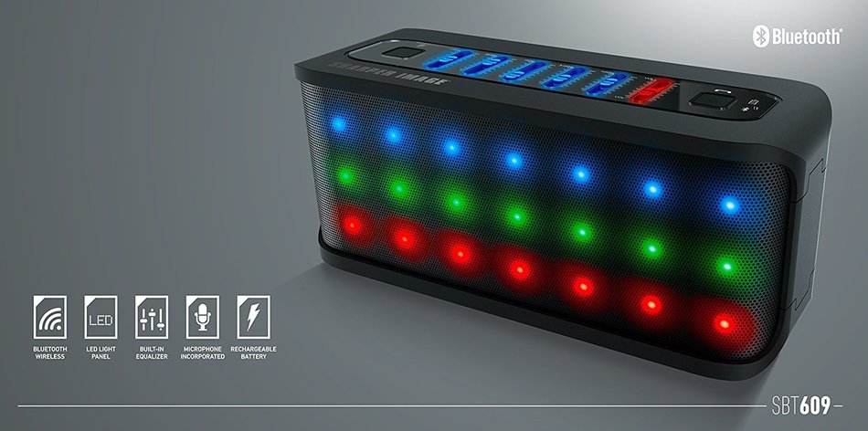 SHARPER IMAGE SBT609BK Custom Sound Bluetooth Speaker With Dancing LED Lights, Built-in Mic, and 3.5mm Jack N3
