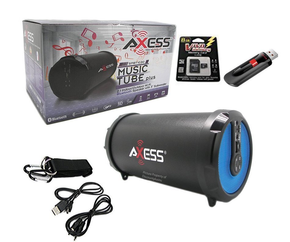 Bundle Deal Axess SPBT-1030Blue Rechargeable Bluetooth Cylinder Indoor/Outdoor Speaker (Blue) With USB/SD/Aux/...