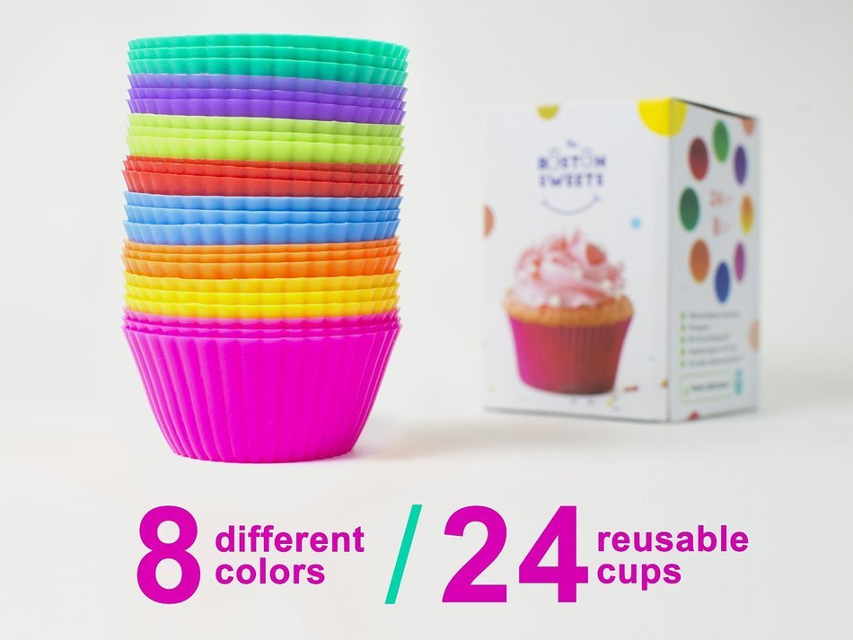 The Boston Sweets Silicone Cupcake Liners - 24 Pack Baking Cups- EIGHT colors - Reusable & Nonstick Muffin Molds...