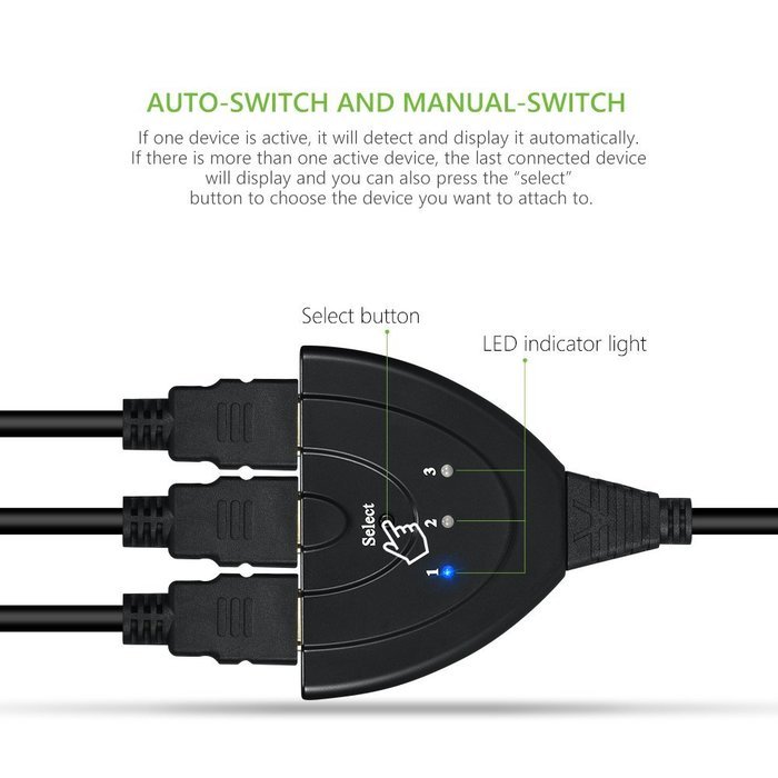 Cablor 3-Port HDMI Switch Splitter with Pigtail Cable , 3 in 1 out Auto Switch, Support 3D, 1080P For TV N4