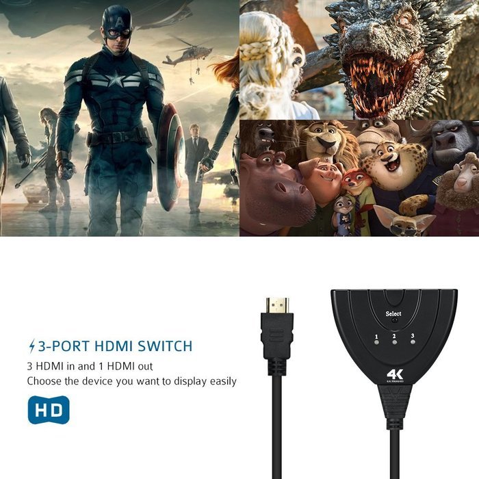 Cablor 3-Port HDMI Switch Splitter with Pigtail Cable , 3 in 1 out Auto Switch, Support 3D, 1080P For TV N10