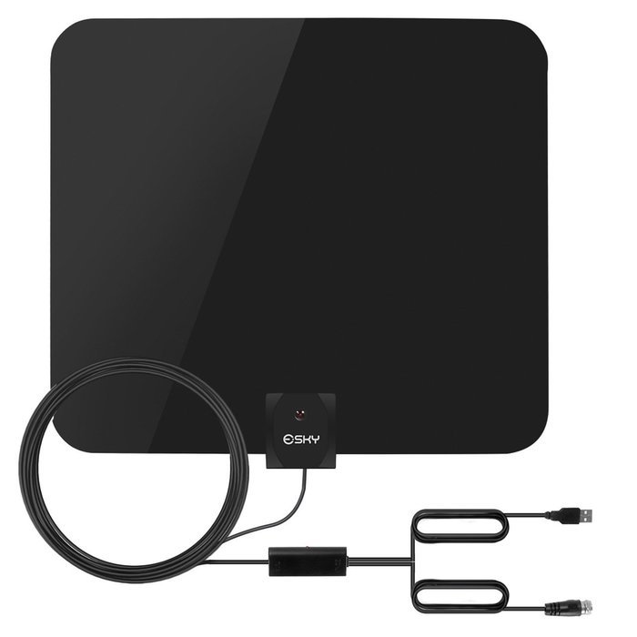Esky 50 Miles Range Ultra-Thin Indoor Digital HDTV Antenna Built-in Signal Amplifier 10ft Cable