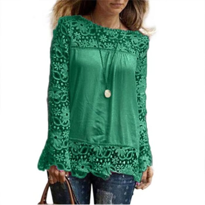 AIMTOPPYFashion Womens Lace Long Sleeve Shirt Casual Blouse Loose Cotton Tops T Shirt (XXXXL, Green)