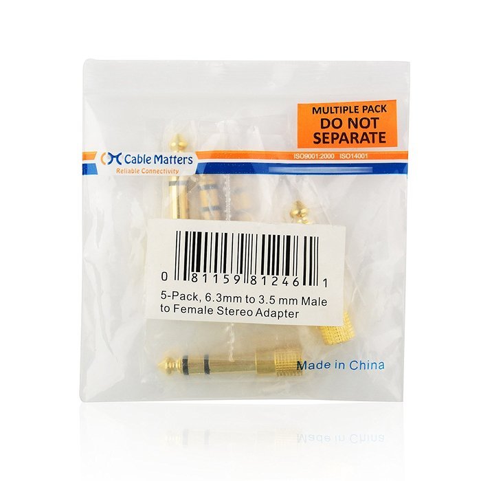 Cable Matters 5-Pack, Gold Plated 6.3mm (1/4 inch) to 3.5 mm Male to Female Stereo Adapter N5