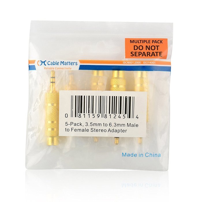 Cable Matters 5-Pack, Gold Plated 6.3mm (1/4 inch) to 3.5 mm Male to Female Stereo Adapter N9