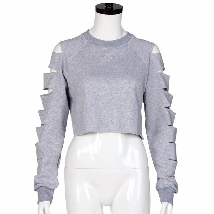 AIMTOPPY Fashion Women Long Sleeve Hollow Hole Short Sweater Shirt Casual Blouse Tops (L, White) N9