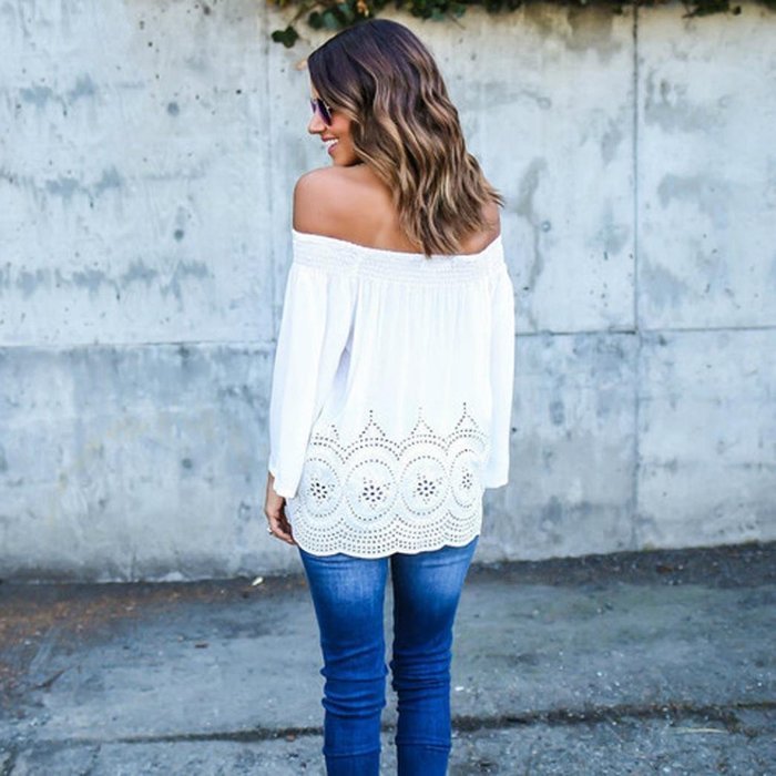 AIMTOPPY Women Sexy Strapless Loose Nine Points Sleeve Embroidered T-shirt (M, white) N3