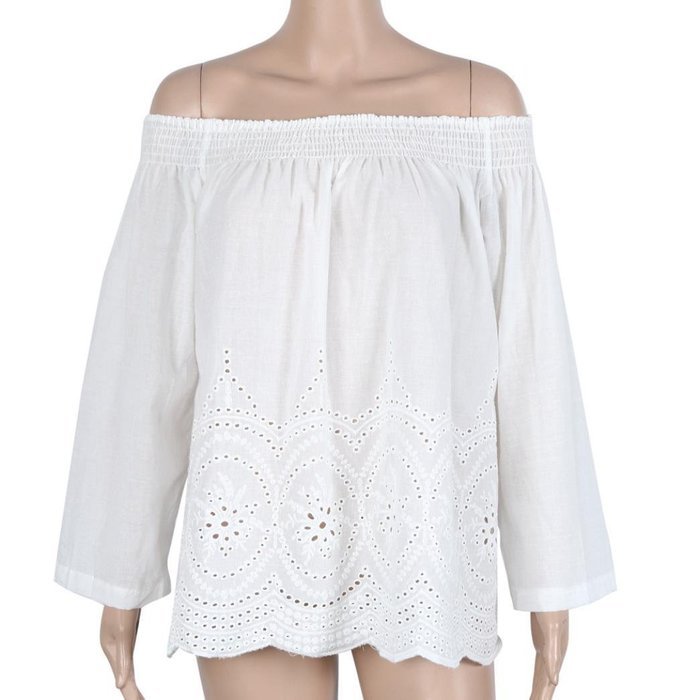 AIMTOPPY Women Sexy Strapless Loose Nine Points Sleeve Embroidered T-shirt (M, white) N4