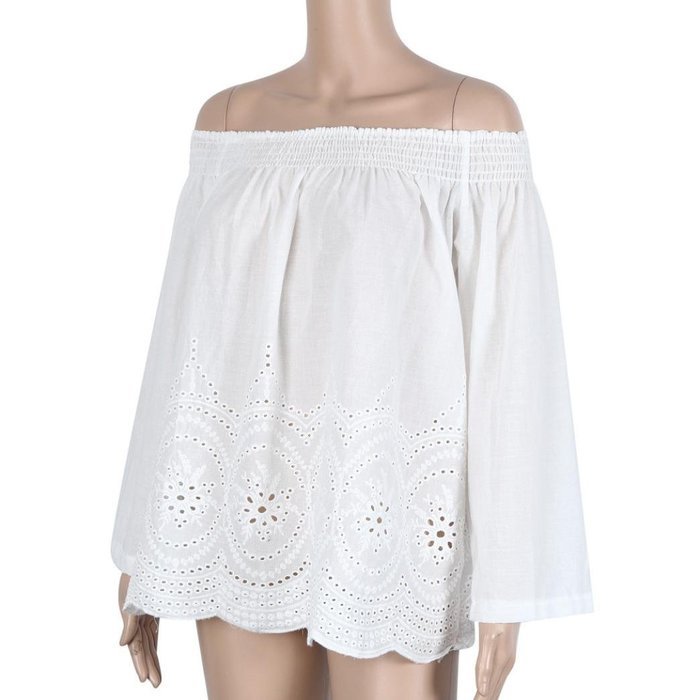 AIMTOPPY Women Sexy Strapless Loose Nine Points Sleeve Embroidered T-shirt (M, white) N5