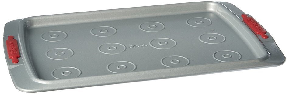 Cake Boss Deluxe Nonstick Bakeware 10-Inch by 15-Inch Cookie Pan with Drop Zones, Gray with Red Silicone Grips