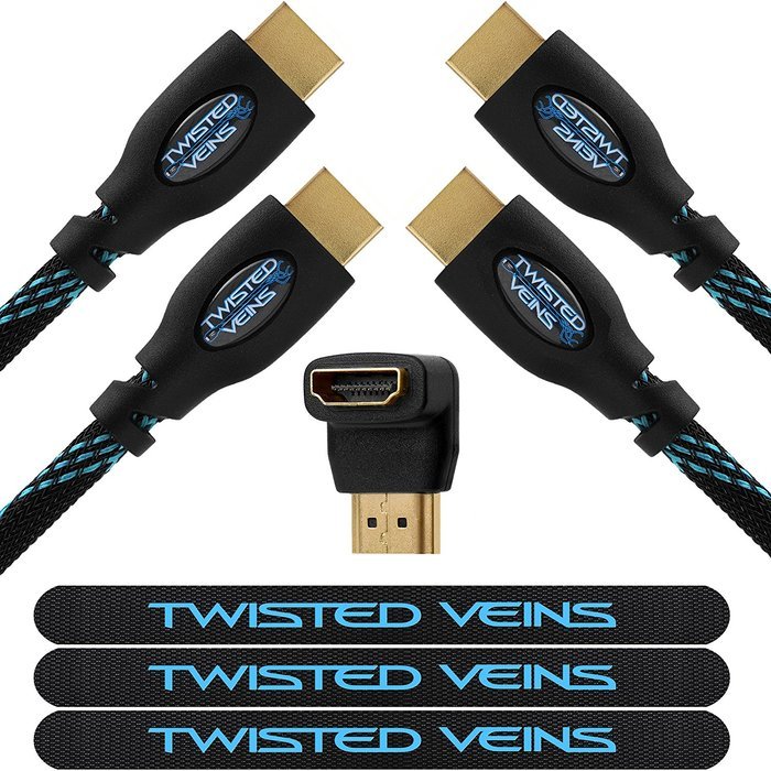 Twisted Veins Two (2) Pack of (25 ft) High Speed HDMI Cables + Right Angle Adapter and Velcro Cable Ties (Latest... N8